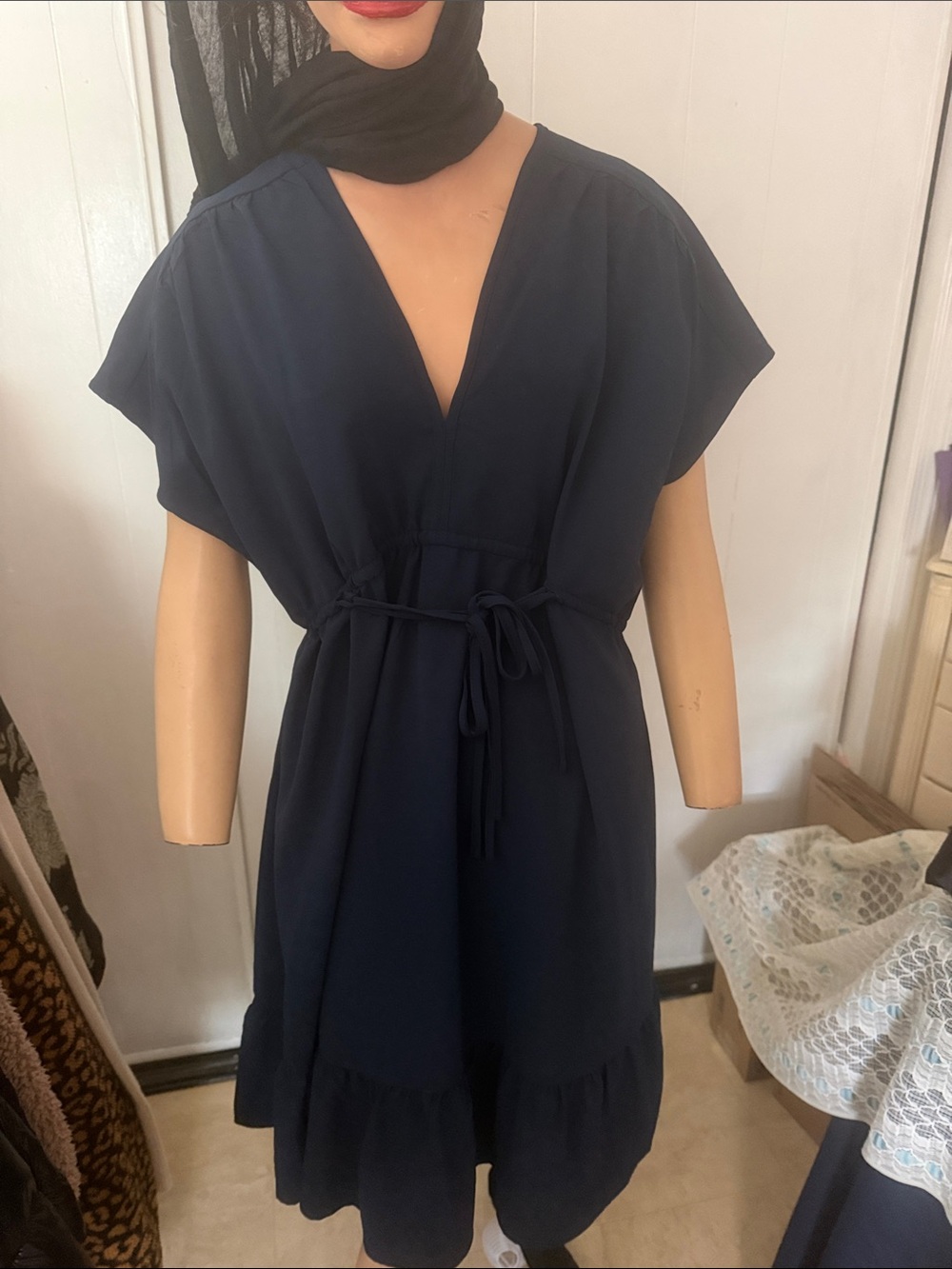 V-Neck Tie-Waist Midi Dress in Navy
